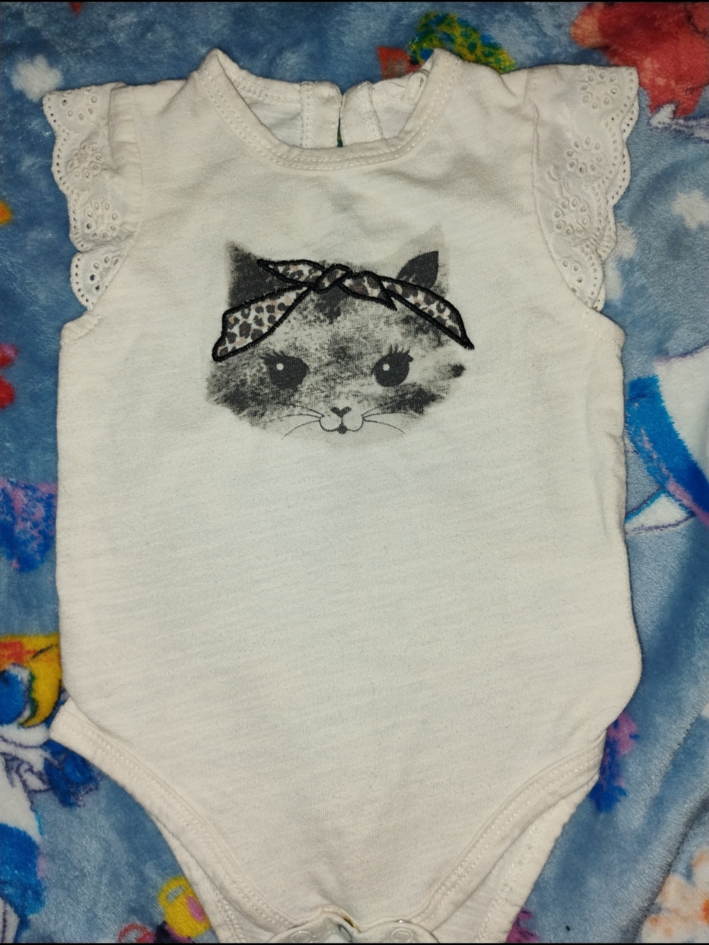 White Baby One-Piece Bodysuit with Kitty Graphic